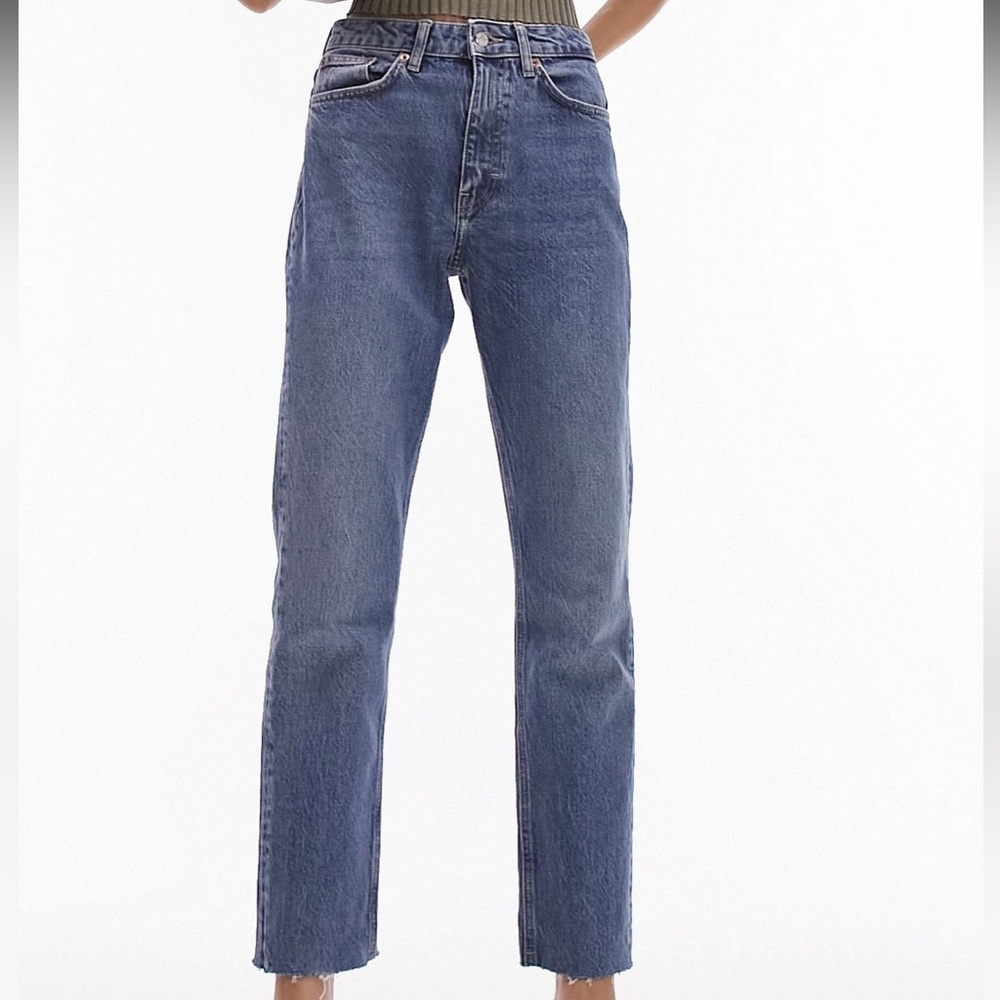 Topshop high rise straight jeans with raw hem in sea blue W28 L30